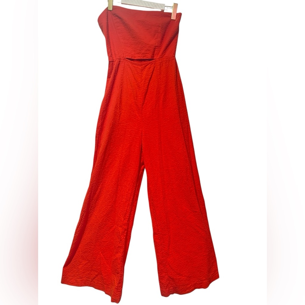 Free people red easy street cotton wide leg strapless jumpsuit - Picture 3 of 8